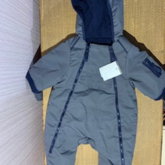 6M Grey/Navy Double Zipped Hooded Fleece Lined Snowsuit attached mittins